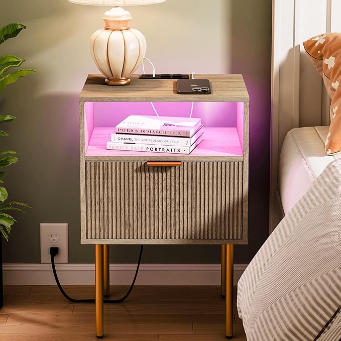 Modern Nightstand with Charging Station and LED Lights, Fluted Side Table by JOONEE