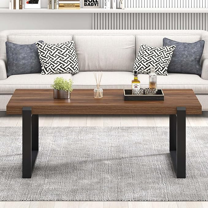 FOLUBAN Modern Coffee Table, Rustic Wood and Metal Center Table, Industrial - Image 7