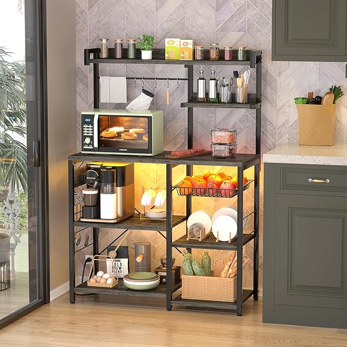 Aheaplus Bakers Rack with Power Outlet and LED Light Strings, Microwave Oven - Image 5