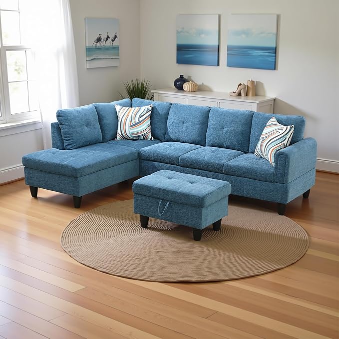 L Shaped Couch Modern Sectional Couch Upholstered Flannel Fabric 3 Pieces Sofas - Image 4