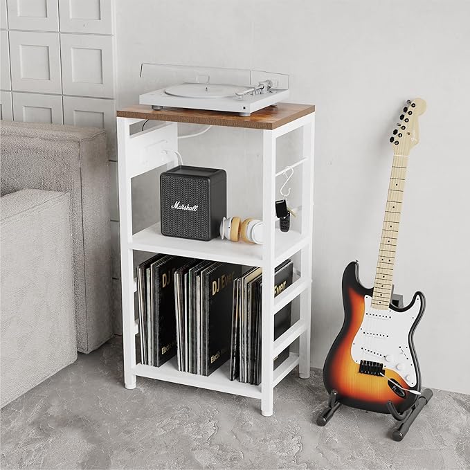 End Table with LED Light, Record Player Stand with Charging Station, Vinyl - Image 2