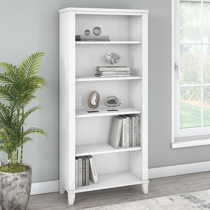 Bush Furniture Somerset 5 Shelf Bookcase in White, Tall Bookshelf, Large Book - Image 2