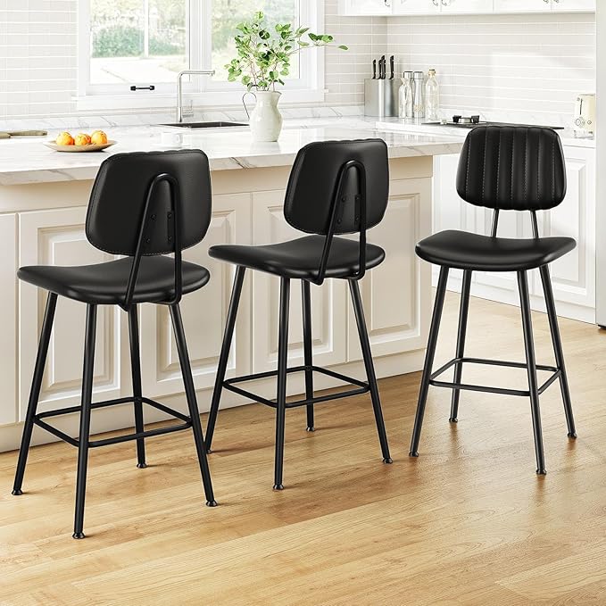 24-Inch Leather Bar Stools Set of 3, Counter Height Barstools by Raynesys