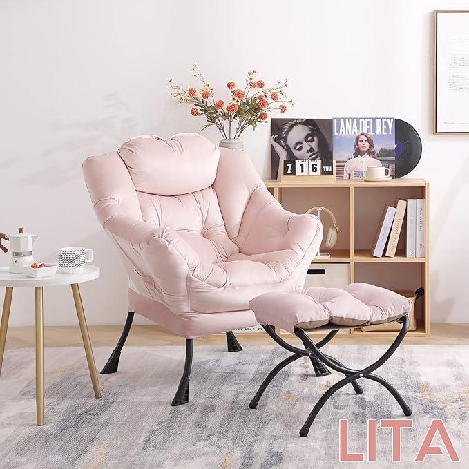 LITA Lazy Chair With Ottoman, Modern Accent Leisure Upholstered Sofa, - Image 4