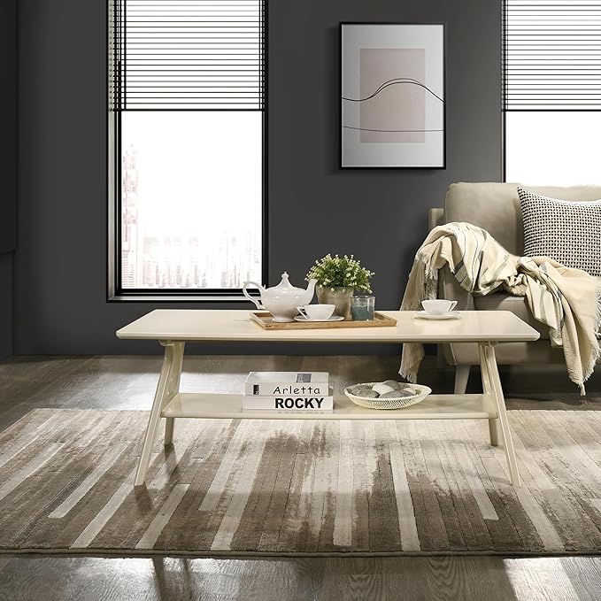 Roundhill Furniture Arona Mid-Century Modern Wood Shelf Coffee Table, Off-White by RoundhillFurniture