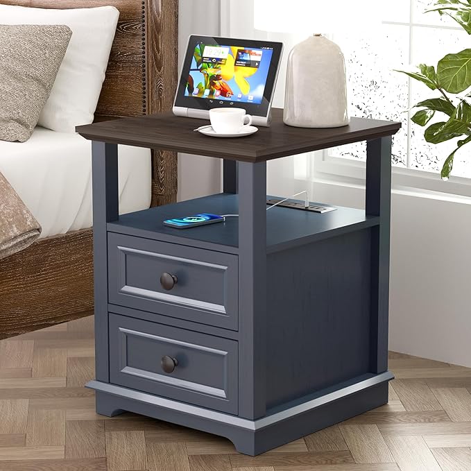 End Table with Fast USB C Charging Station, Large Storage Rustic Wood Square by Alwaysreadyforyou