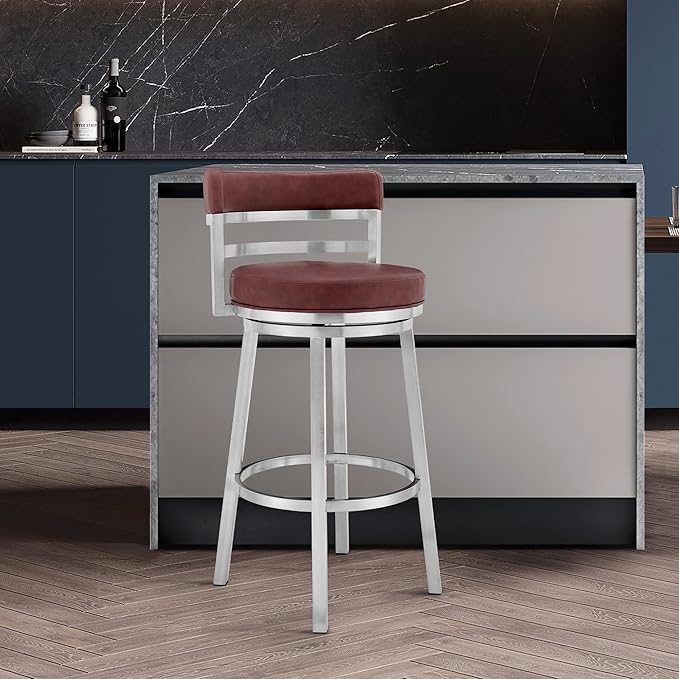 Armen Living Titana 26" Counter Height Swivel Red Faux Leather and Brushed - Image 2