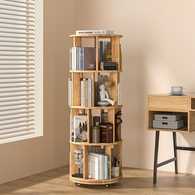 4 Tier Rotating Bookshelf Tower, 360 Spinning Bookcase Carousel by IUNVR