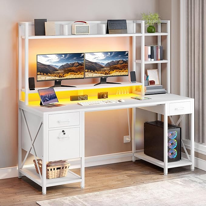 DWVO Computer Desk with Drawers & Hutch, 59.1" Office Desk with Power Outlets & by DWVO