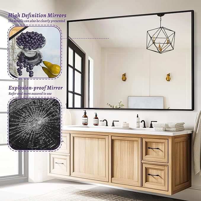 Bathroom Mirror, Rectangular Aluminum Alloy Frame Contemporary Hanging Mirror - Image 7