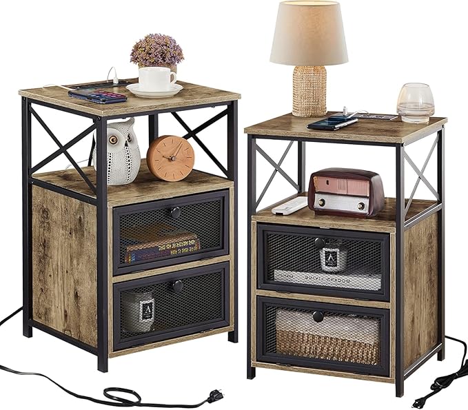 VECELO Grey End Table with USB Ports and Outlets, 24 Inch Nightstands with by VECELO