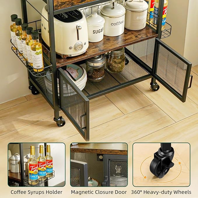Coffee Bar Cart with Wheels, Coffee Bar Table, Kitchen Coffee Bar Cabinet with - Image 6