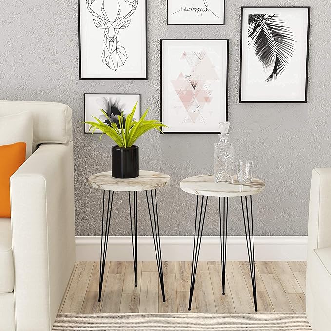 PAK HOME - Set of 2 End Table - White Marble Look Round Wood Sofa Side Coffee - Image 3