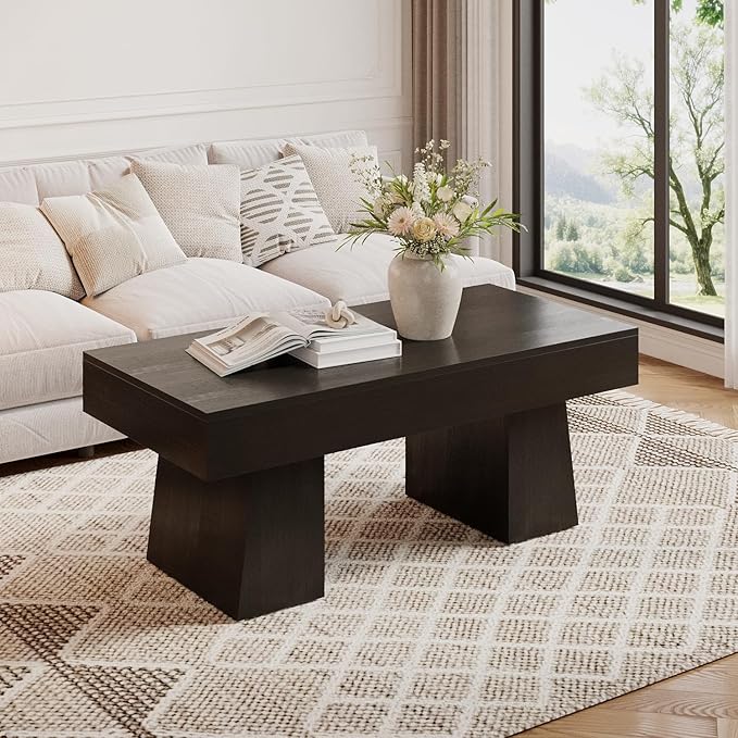 LITTLE TREE Farmhouse Coffee Table, 47 Inches Wooden Rectangular Accent Center by LITTLETREE