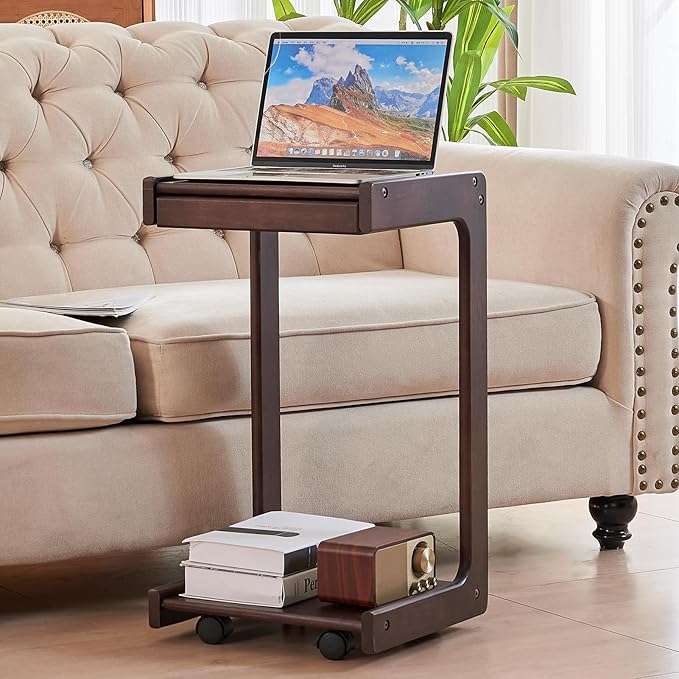 CozyDH C Shaped Solid Wood End Table, Rolling Side Table TV Sofa Tray Table - Image 6