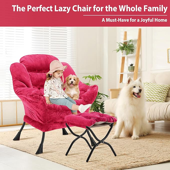 Lazy Chair with Folding Ottoman, Accent Chair Plush Upholstered with Metal - Image 4