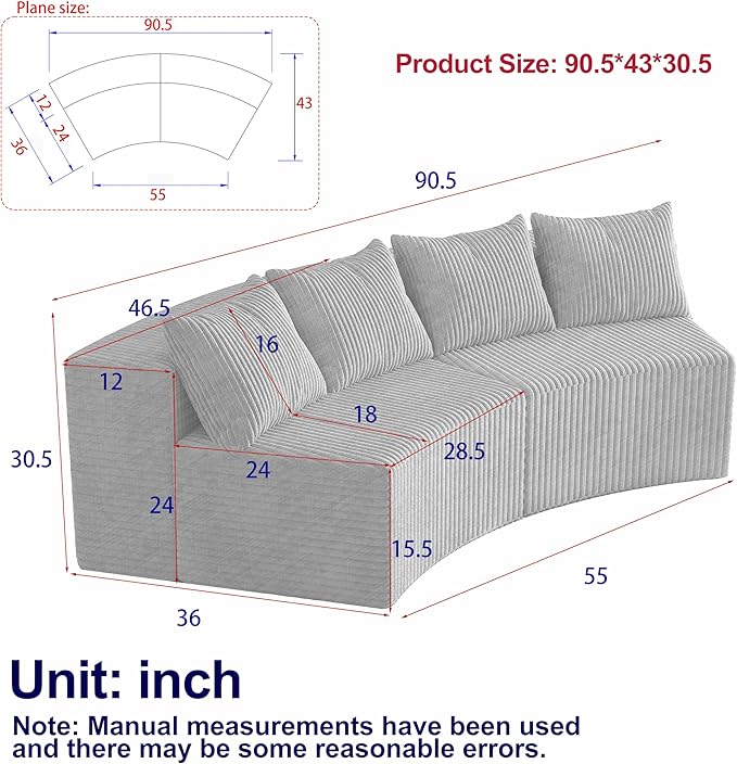 KEIKI Corduroy Curved Sectional Sofa, 2 Seater Symmetrical Modular Semi - Image 2