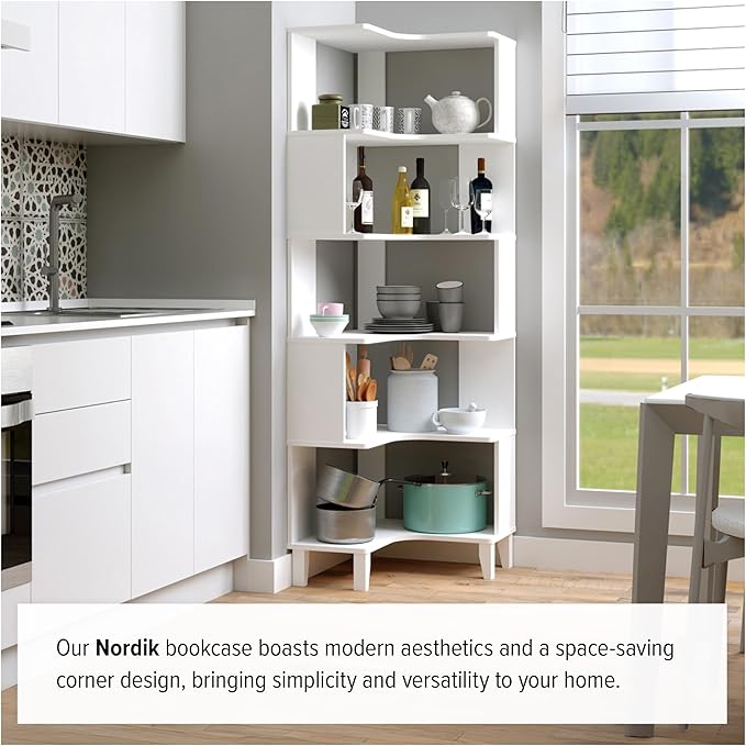 Prepac Nordik 6-Tier White Modern Mid Century Corner Bookcase, 71.5" Extra Tall - Image 11