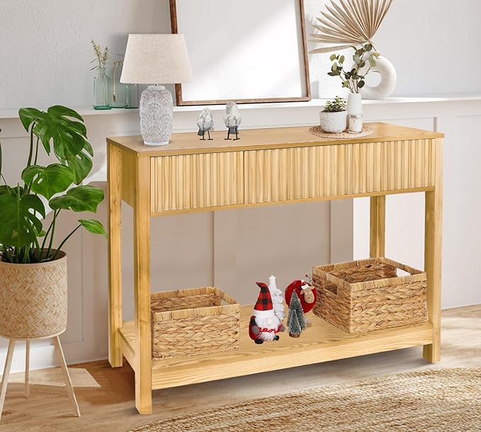 Long Console Table with Storage, Fluted Entryway Slim Sofa Tables Behind Couch - Image 5