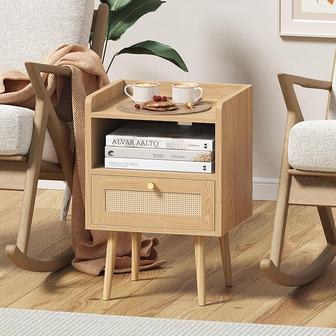 Nightstand Rattan with Charging Station, Mid Century Modern Bed Side Table - Image 6