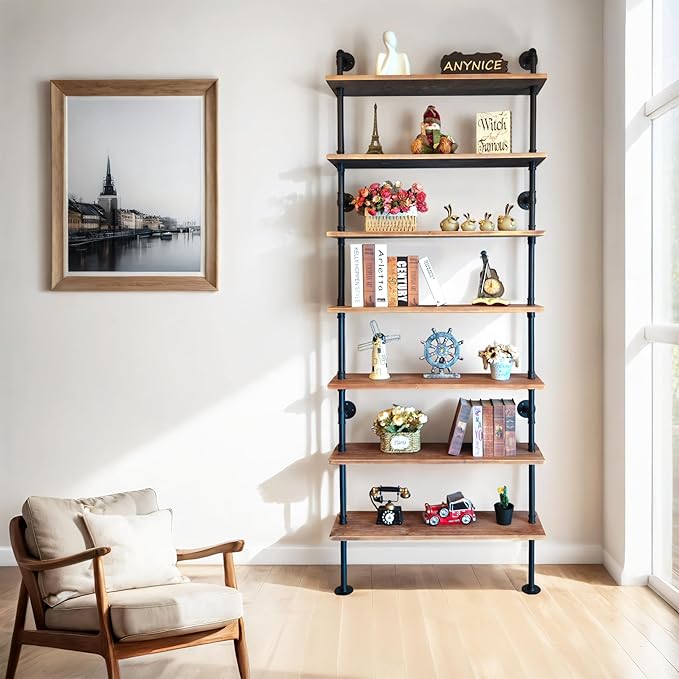 7 Tier Industrial Wall Mounted Ladder Shelf Bookcase, Rustic Wood Metal Pipe by ANYNICE