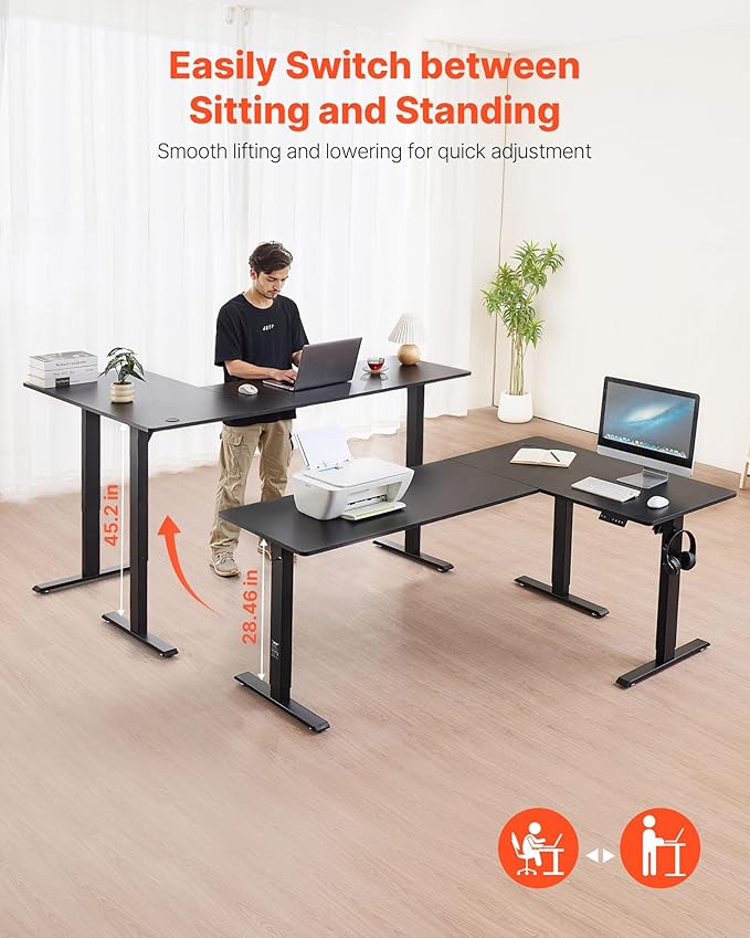 VEVOR L Shaped Standing Desk 71 x 47 inch, 3 Memory Height Adjustable, Electric - Image 4