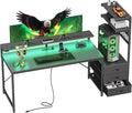 PRAISUN 61.7" Gaming Desk with LED Lights & Outlets, Computer Desk with 3 by PRAISUN