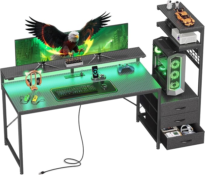 PRAISUN 61.7" Gaming Desk with LED Lights & Outlets, Computer Desk with 3 by PRAISUN