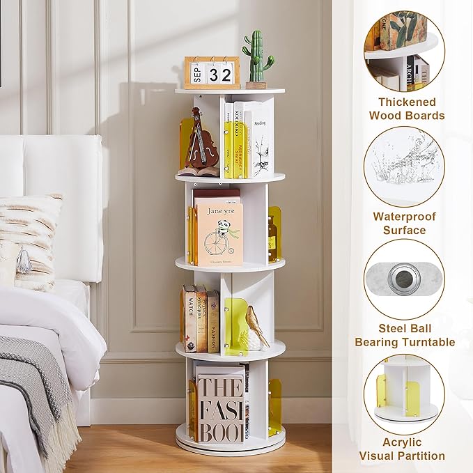 VECELO 4-Tier Rotating Bookshelf, Small Corner Bookshelf - Image 4