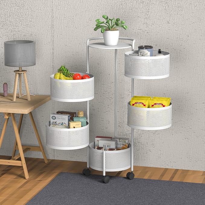 JAQ Rotating Fruit Basket, 5-Tier Metal Sturdy Kitchen Storage Rack Carts No - Image 6