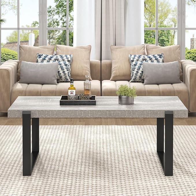 FOLUBAN Modern Coffee Table, Rustic Wood and Metal Center Table, Rectangle - Image 6