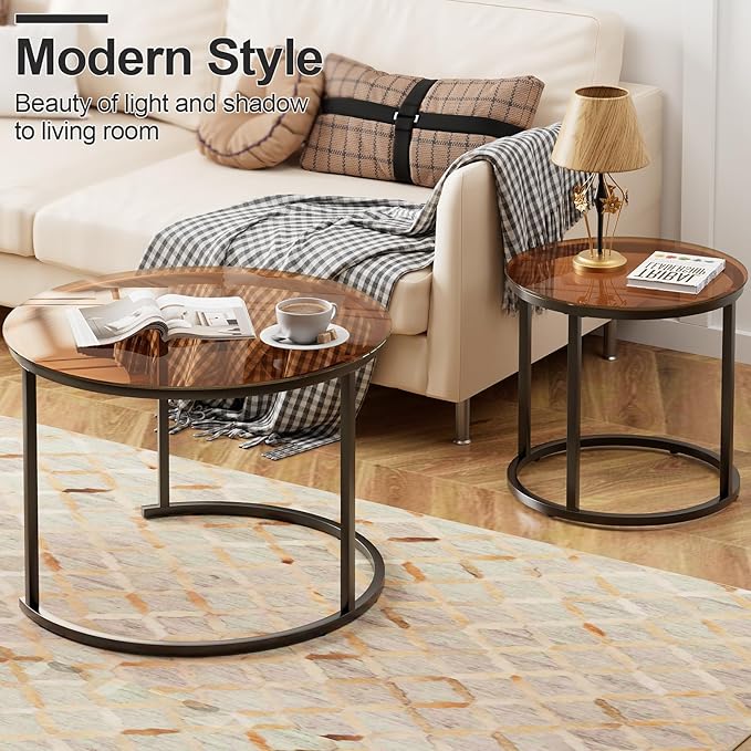 aboxoo Nesting Coffee Table Set of 2, Small Round Glass Nesting Tables - Image 6