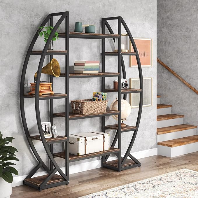 Tribesigns Oval Bookshelf, Triple Wide 5 Tier Etagere Bookcase, Industrial by Tribesigns