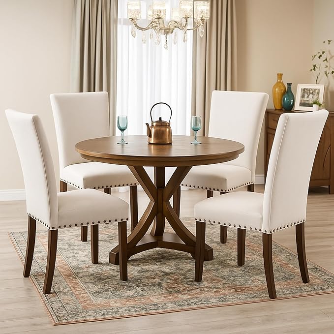 Set of 6 Beige Upholstered Dining Chairs, Farmhouse Kitchen Chairs - Image 6