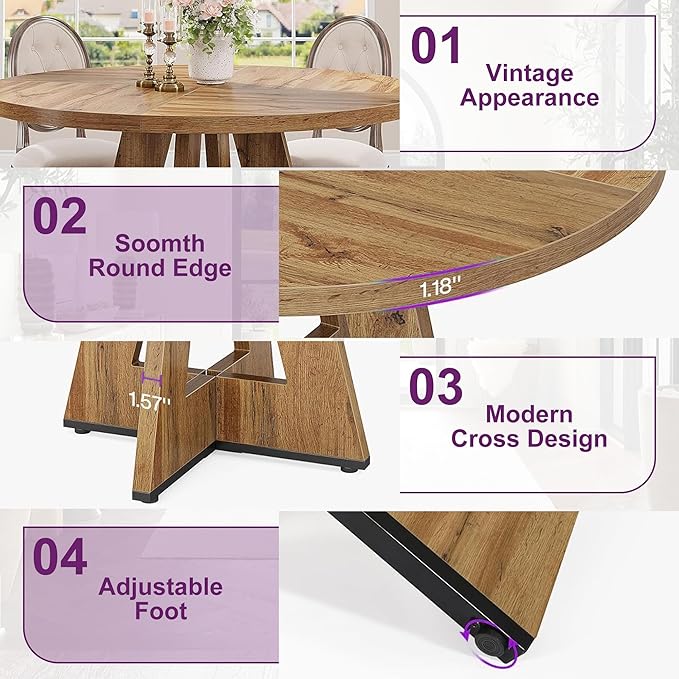 Round Dining Table for 4, Farmhouse Table for Dining Room, Living Room - Image 5