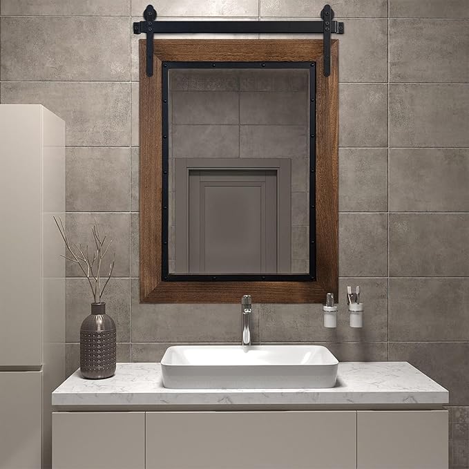 YOSHOOT Farmhouse Barn Door Mirror, Wood Frame Wall Mirror, Wooden Mirror - Image 6