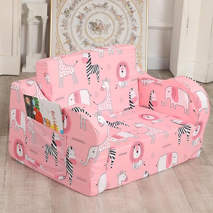 Pink Kids Sofa, 2-in-1 Kids Couch Fold Out, Convertible Sofa to Bed - Image 2