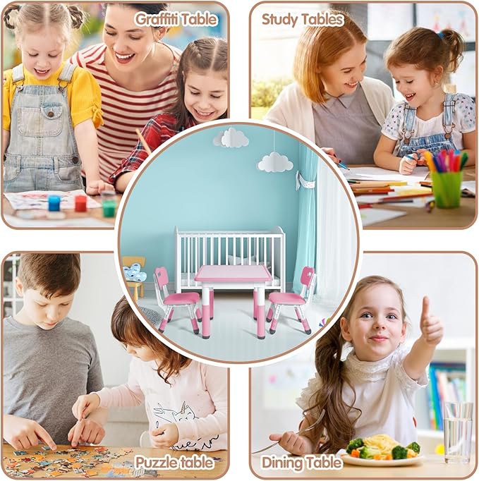 Kids Table and 2 Chairs Set, Height Adjustable Toddler Study Table and Chair Set - Image 7