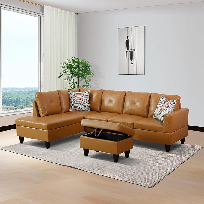 L-Shaped Sectional Sofa with Ottoman, Right-Facing Leather Modern Couch - Image 3