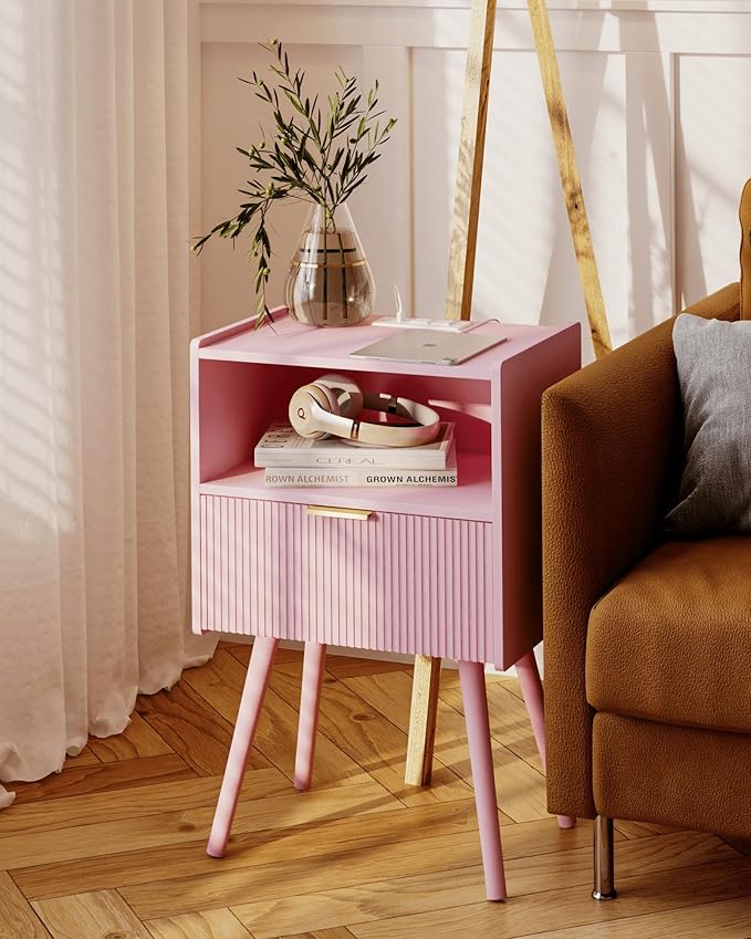 Nightstand with Oultlet, Modern Bedside Table with Storage Drawer and Open Wood - Image 7