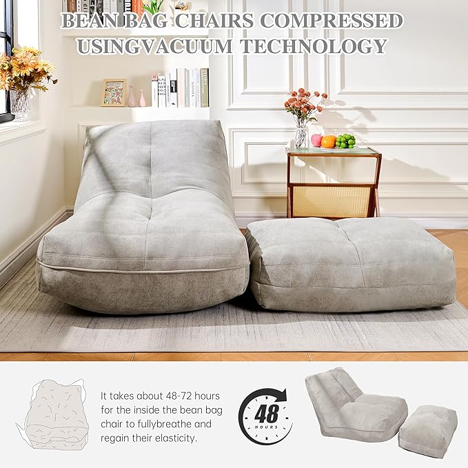Bean Bag Chair with Ottoman, Comfy Bean Bag Sofa with Memory Foam, Lazy BeanBag - Image 8