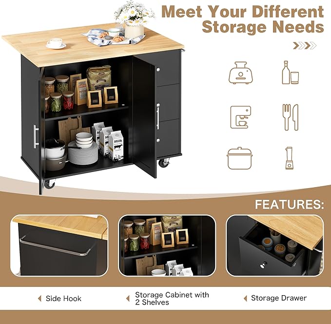 Shintenchi Kitchen Island with Folding Drop Leaf, Rolling Island Table with - Image 6