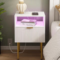 Modern Nightstand with Charging Station and LED Lights, Fluted Side Table by JOONEE