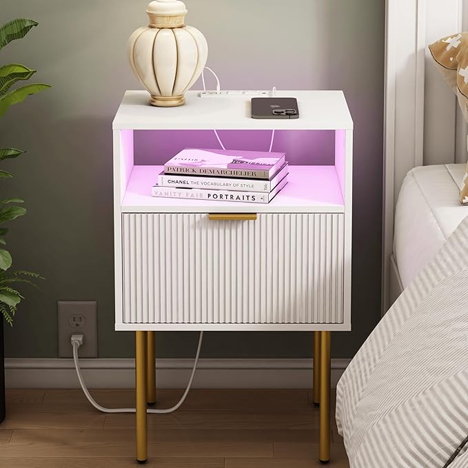 Modern Nightstand with Charging Station and LED Lights, Fluted Side Table by JOONEE