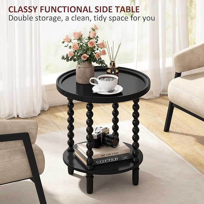 Gadroad Round End Table with Storage Shelf, 2 Tier Couch Side Table, Wood - Image 7