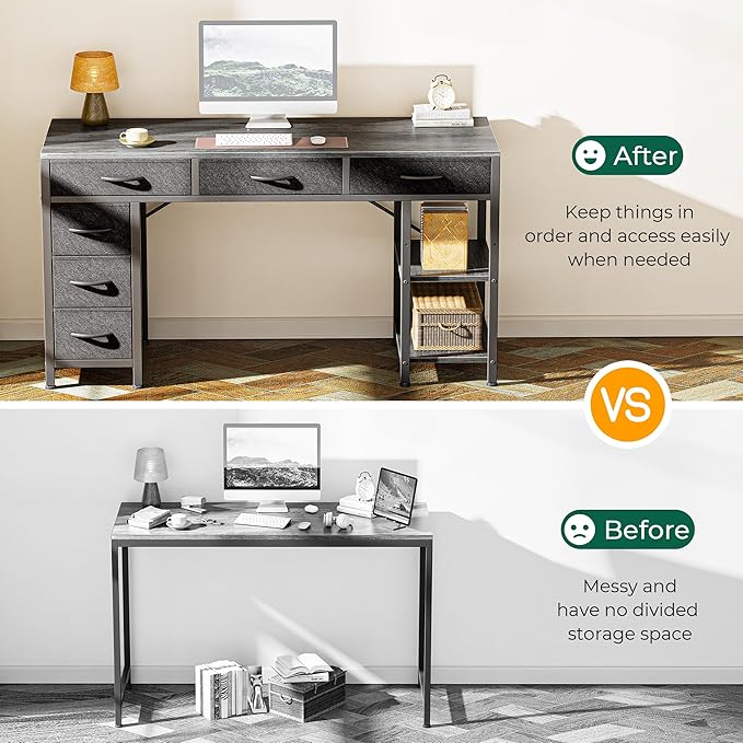 Huuger Computer Desk with 6 Drawers, 47 Inch Office Desk with Shelves, - Image 5