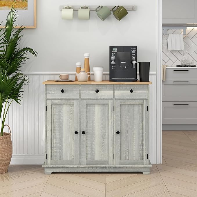 HOMCOM Sideboard with Solid Wood Countertop, Modern Kitchen Storage Cabinet - Image 2