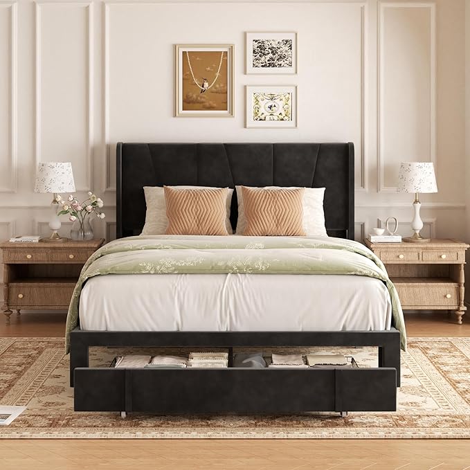 Full Bed Frame with Storage Drawers, Upholstered Platform Bed with Headboard - Image 3