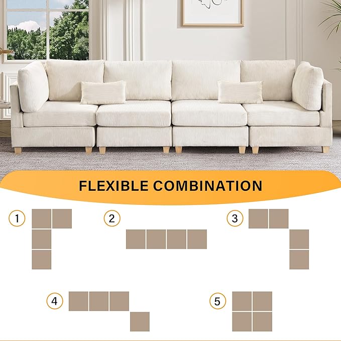 126" Convertible L-Shaped Modular Sectional Sofa, 4 Seater Corduroy Upholstered - Image 5