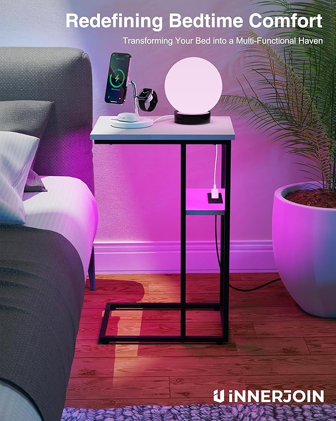 Innerjoin Side Table with Charging Station Set of 2, C Shaped End Table with - Image 4